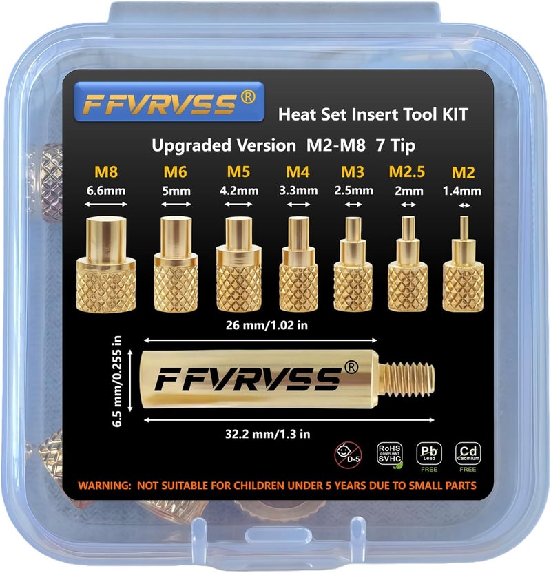 FFVRVSS Premium Heat Set Insert Tool kit, for Threaded inserts M2 M2.5 M3 M4 M5 M6 M8, Soldering Iron Tips for Plastic 3D Printer Users, Compatible FX-888D 900M T18 Irons (M2-M8 Upgraded 8 Tips) - Image 2
